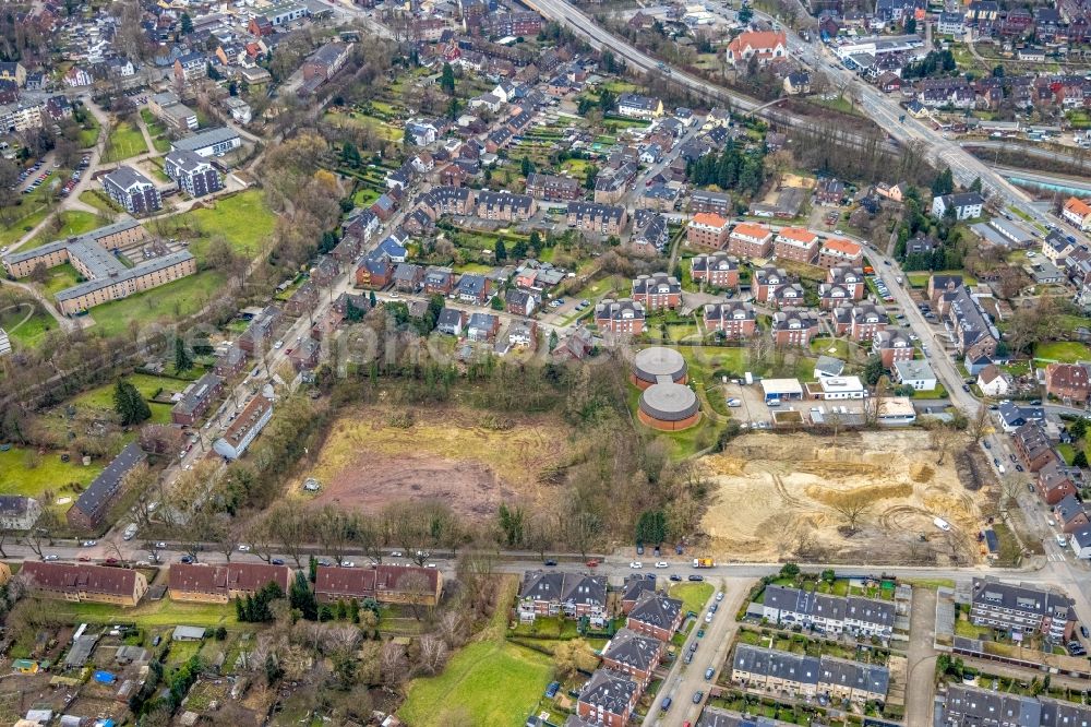 Sterkrade from above - Residential area construction site for the construction of multi-family houses and condominiums on Dinnendahlstrasse in Oberhausen in the Ruhr area in the state North Rhine-Westphalia, Germany