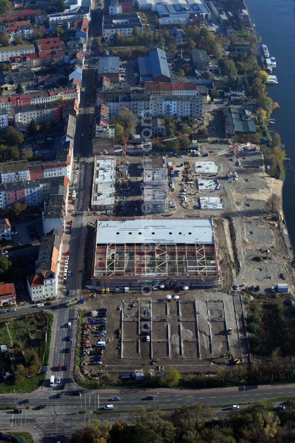 Aerial image Brandenburg an der Havel - Construction site for the new building of apartment houses and a REWE-Center supermarket on Neuendorfer Strasse in Brandenburg an der Havel in the state Brandenburg, Germany