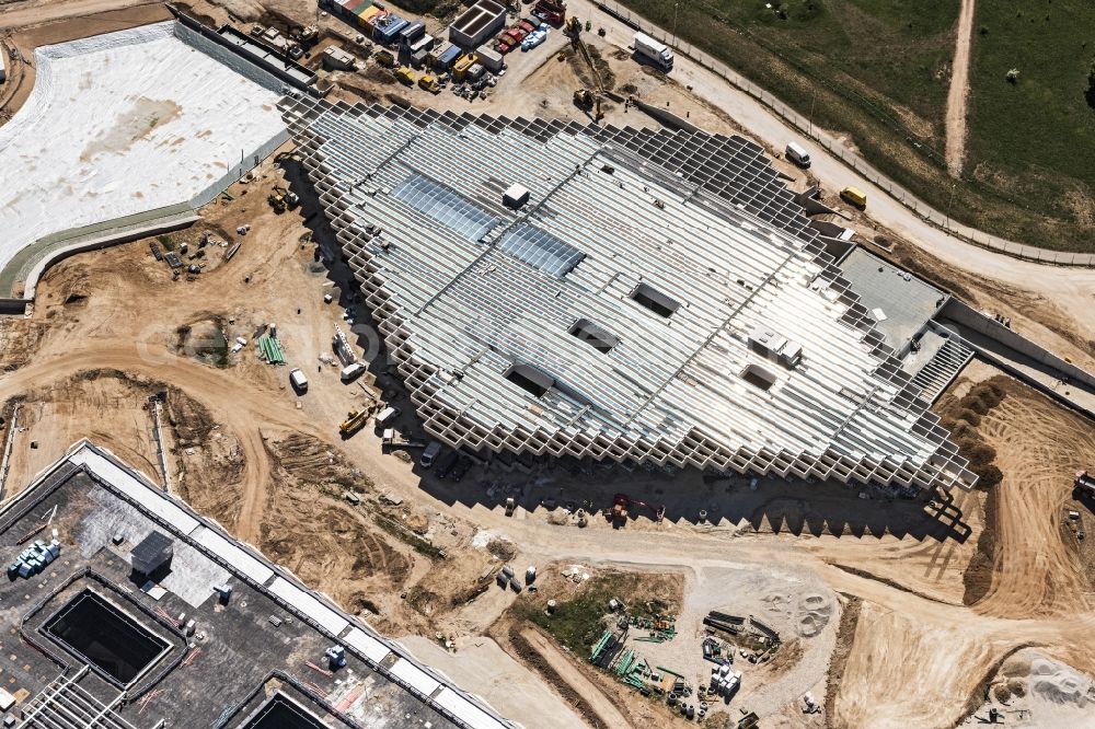 Herzogenaurach from the bird's eye view: Construction site for the new building of Mehrzweckhalle and Kantine HALFTIME in the district Herzo Base in Herzogenaurach in the state Bavaria, Germany