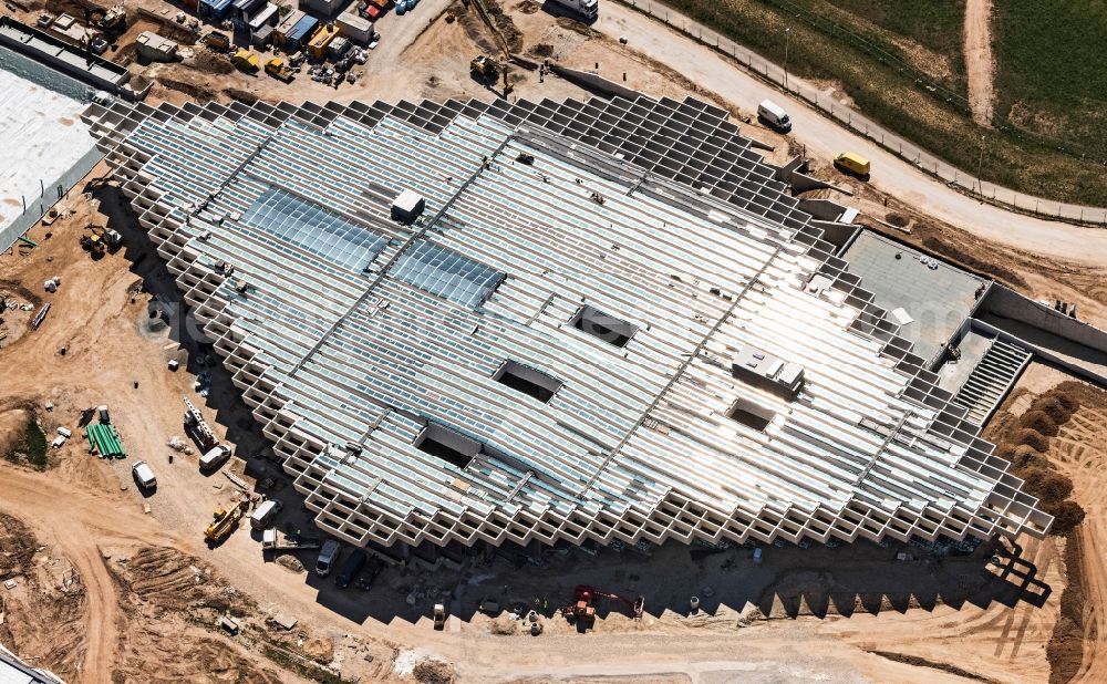 Aerial image Herzogenaurach - Construction site for the new building of Mehrzweckhalle and Kantine HALFTIME in the district Herzo Base in Herzogenaurach in the state Bavaria, Germany