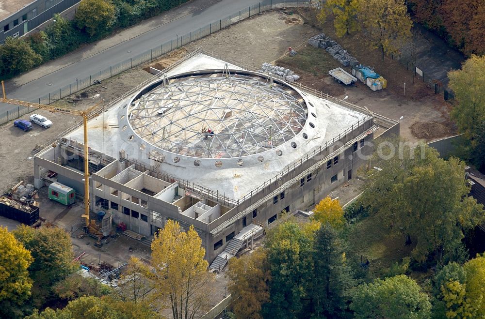 Essen Hagenbeck from above - Construction site for the new building of the Merkez Mosque in the former shoe storage at the train station in Essen Frohnhausen Hagenbeck