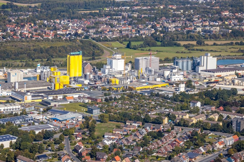 Aerial photograph Hamm - Construction site for the new building a mill at Hammer Harbor in the district Heessen in Hamm in the state North Rhine-Westphalia, Germany