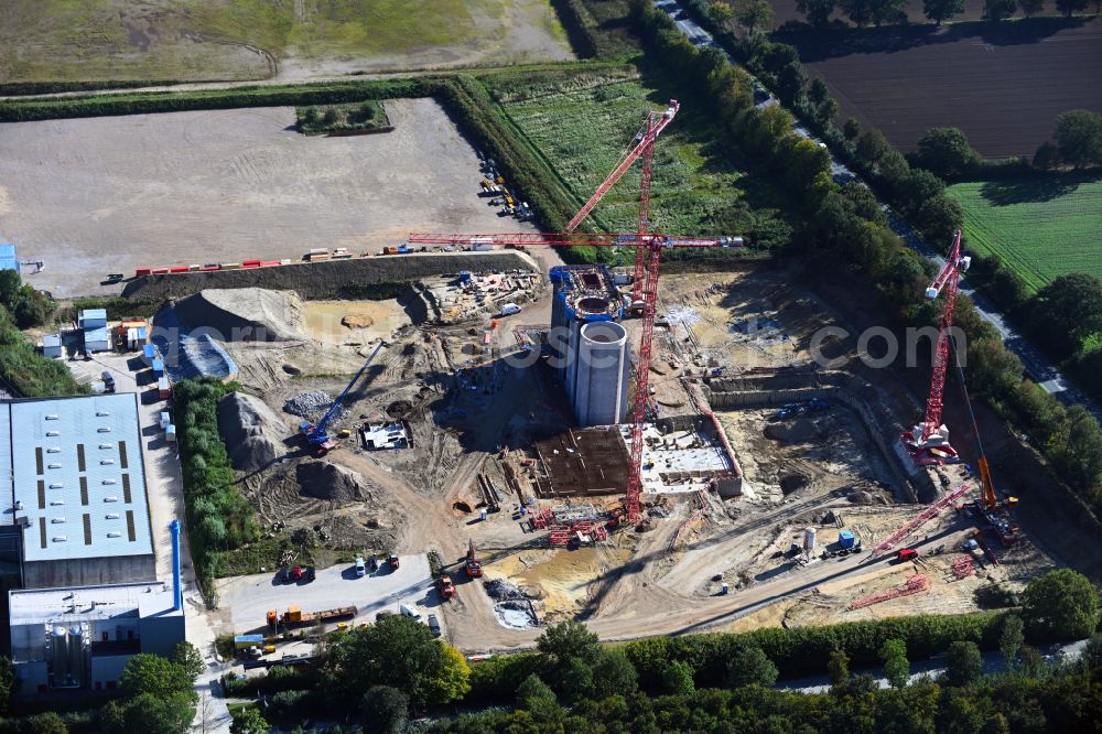 Aerial image Stapelfeld - Construction site for the new construction of the waste incineration plant for waste treatment MVA residual waste combined heat and power plant and a mono sewage sludge incineration on the street Ahrensburger Weg in Stapelfeld in the state Schleswig-Holstein, Germany