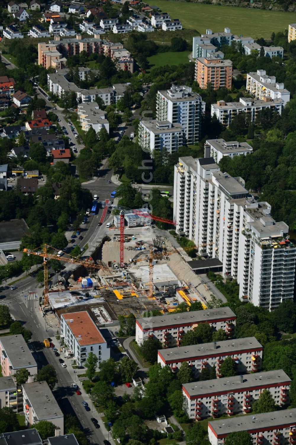 Aerial image München - Construction site for the construction of a shopping center Paul-Ottmann-Zentrum in Munich in the federal state of Bavaria, Germany