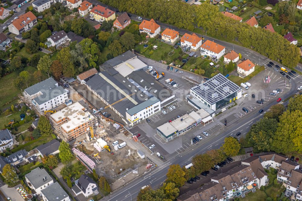 Aerial image Soest - Construction site for the new building next to the office building of the administration and commercial building - former Opel-Haus of Dogstyler Soest GmbH on Werler Landstrasse in Soest in the state North Rhine-Westphalia, Germany