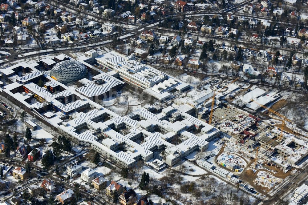 Berlin from the bird's eye view: Construction site for the construction of a new library of small compartments and a scientific library of the Free University at the FU Berlin Dahlem Fabeckstrasse