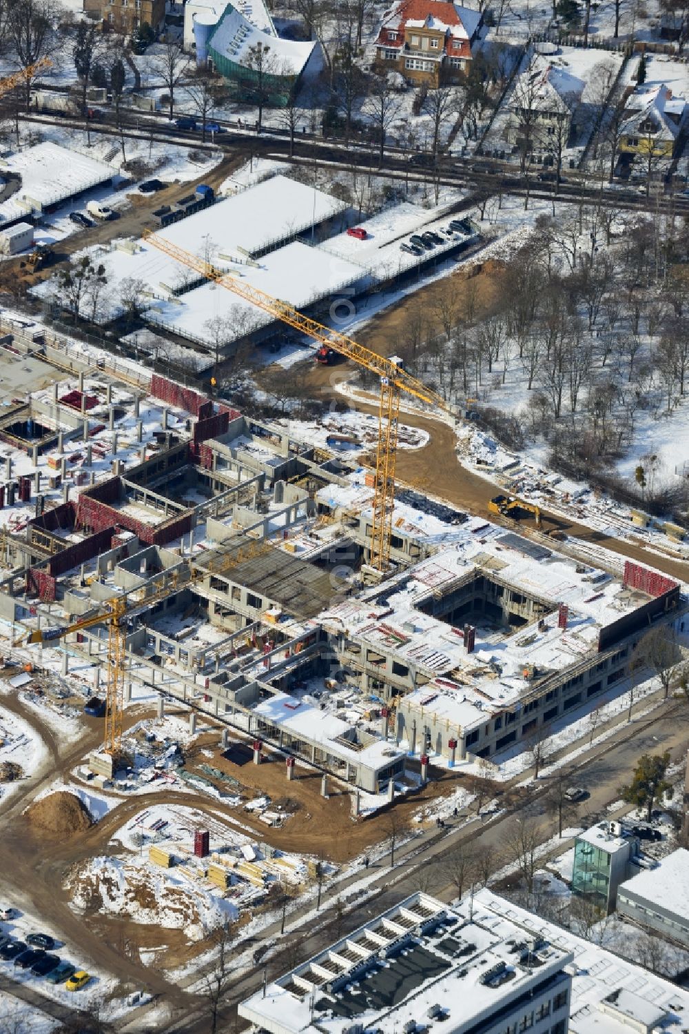 Aerial photograph Berlin - Construction site for the construction of a new library of small compartments and a scientific library of the Free University at the FU Berlin Dahlem Fabeckstrasse