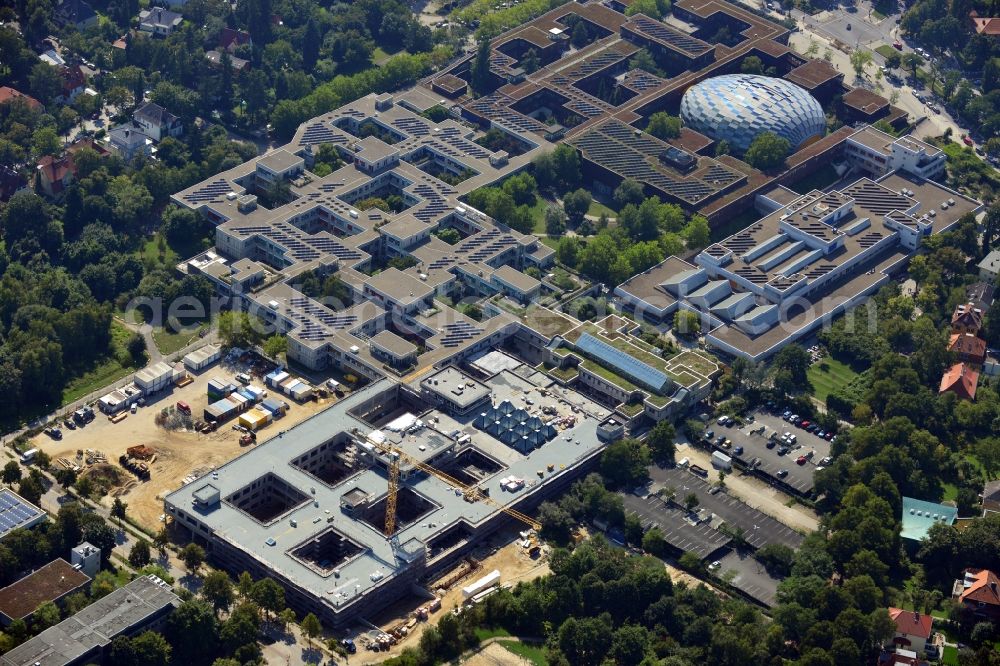 Berlin from the bird's eye view: Construction site for the construction of a new library of small compartments and a scientific library of the Free University at the FU Berlin Dahlem Fabeckstrasse