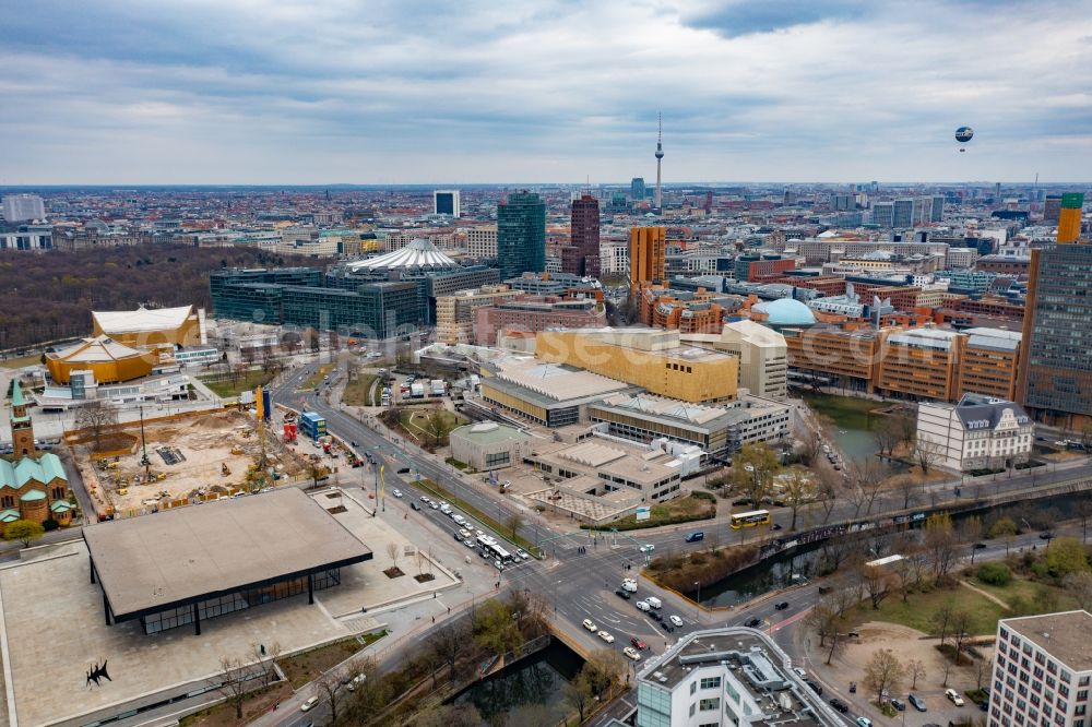 Berlin from above - Construction of Neue Nationalgalerie on Potsdamer Strasse on street Potsdamer Strasse in the district Tiergarten in Berlin, Germany