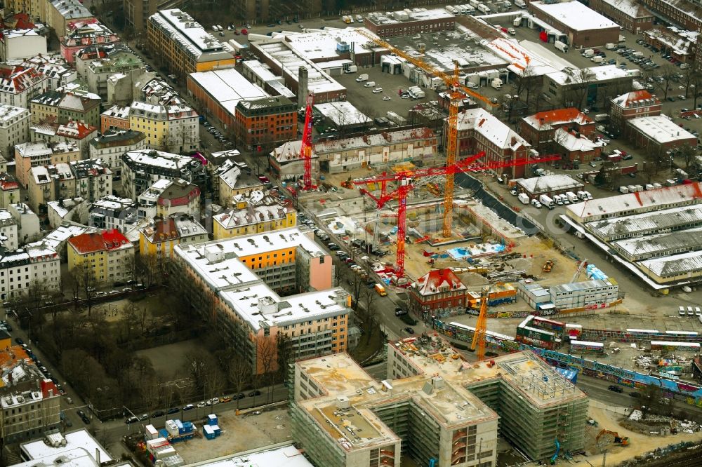 Aerial image München - Construction site for the new building of theater Volkstheater on Zanettistrasse corner Tumblingerstrasse in the district Ludwigsvorstadt-Isarvorstadt in Munich in the state Bavaria, Germany