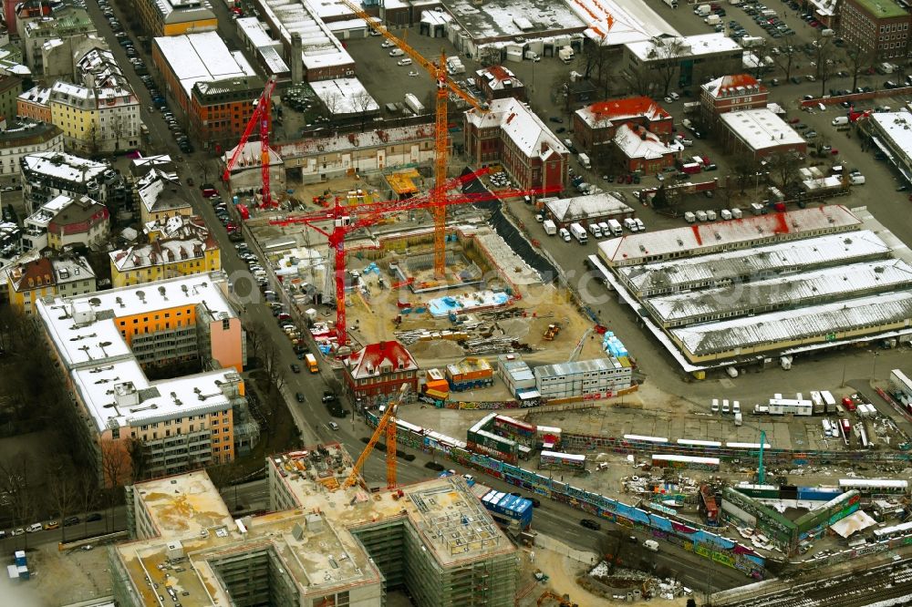 München from above - Construction site for the new building of theater Volkstheater on Zanettistrasse corner Tumblingerstrasse in the district Ludwigsvorstadt-Isarvorstadt in Munich in the state Bavaria, Germany