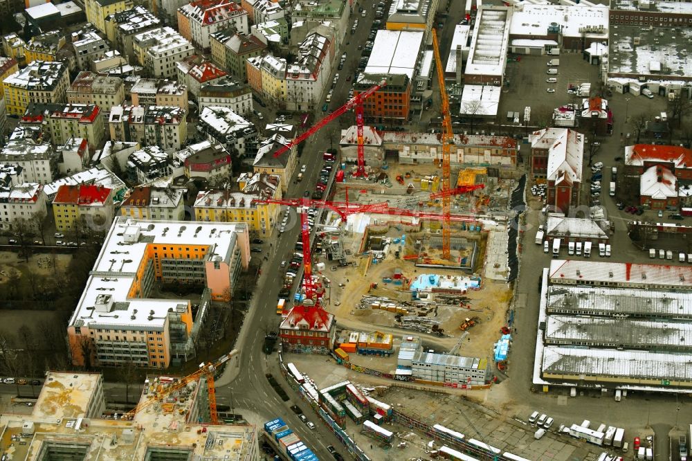 München from the bird's eye view: Construction site for the new building of theater Volkstheater on Zanettistrasse corner Tumblingerstrasse in the district Ludwigsvorstadt-Isarvorstadt in Munich in the state Bavaria, Germany