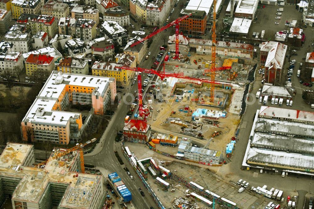 Aerial image München - Construction site for the new building of theater Volkstheater on Zanettistrasse corner Tumblingerstrasse in the district Ludwigsvorstadt-Isarvorstadt in Munich in the state Bavaria, Germany