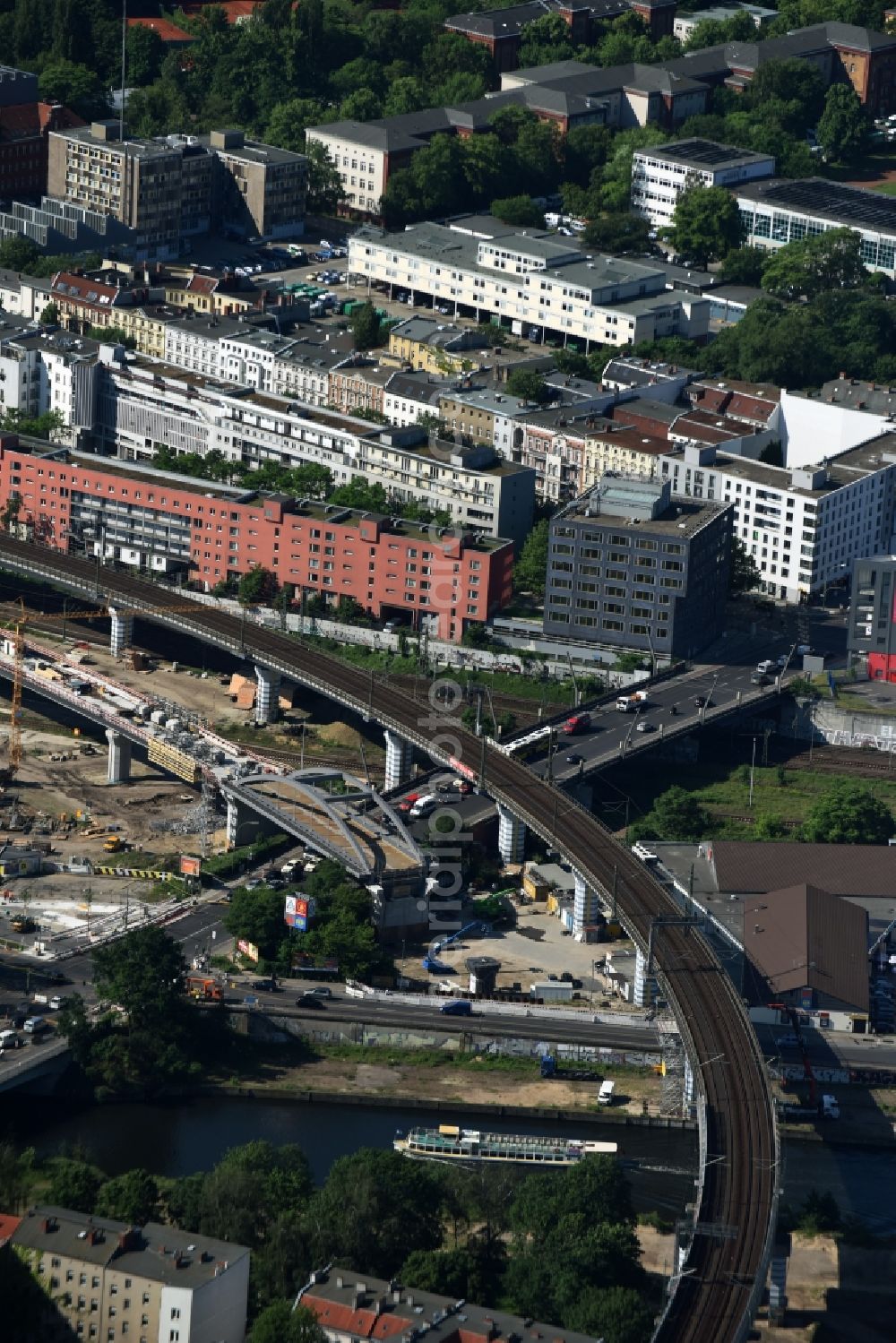 Berlin from the bird's eye view: Construction site for the new building the Nordring- connection S21 of the S-Bahn in Berlin