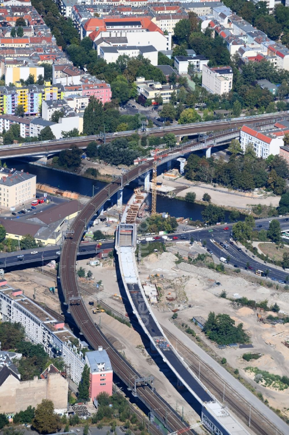 Aerial image Berlin - Construction site for the new building the Nordring- connection S21 of the S-Bahn in Berlin