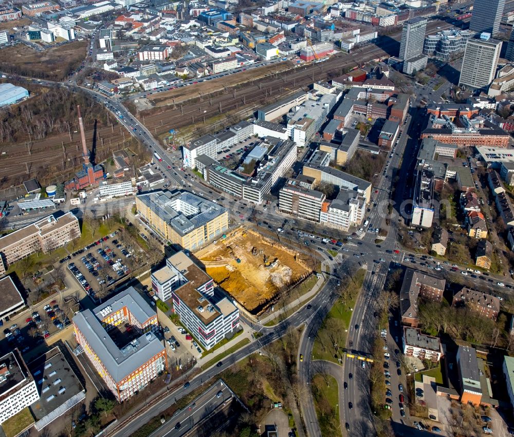 Aerial photograph Essen - Construction site to build a new novelty style hotel and office complex on the street Friedrich in Essen in North Rhine-Westphalia