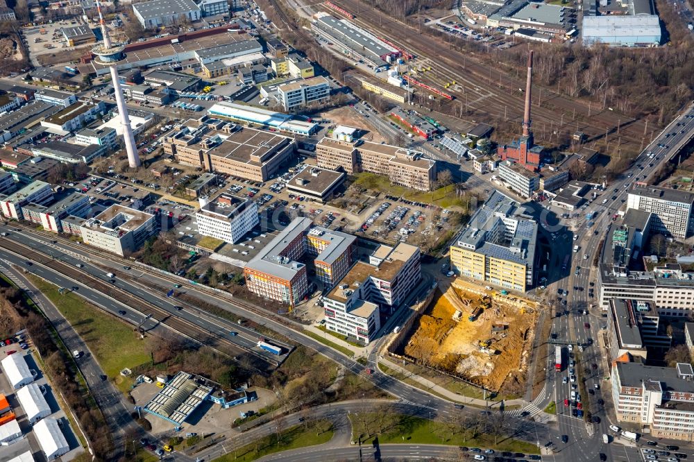 Essen from above - Construction site to build a new novelty style hotel and office complex on the street Friedrich in Essen in North Rhine-Westphalia