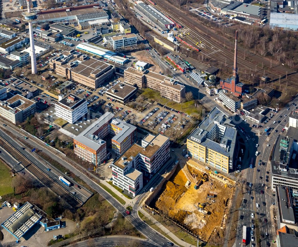 Essen from the bird's eye view: Construction site to build a new novelty style hotel and office complex on the street Friedrich in Essen in North Rhine-Westphalia