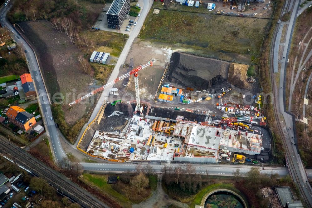 Essen from above - On the site of the former material storage area in the northeastern area of the customs union site is a mix of uses from academia, design and creative industries as well as a hotel created in Essen in North Rhine-Westphalia. Project developer is the company Koebl Kruse on behalf of RAG Montan Immobilien AG