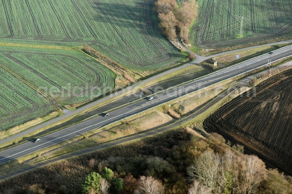 Brieskow-Finkenheerd from the bird's eye view: Construction site for the new building der OU Ortsumfahrung der Bundesstrasse B112 in Brieskow-Finkenheerd in the state Brandenburg