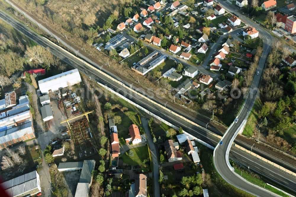 Brieskow-Finkenheerd from the bird's eye view: Construction site for the new building der OU Ortsumfahrung der Bundesstrasse B112 in Brieskow-Finkenheerd in the state Brandenburg