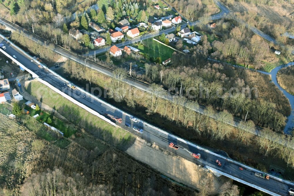 Brieskow-Finkenheerd from the bird's eye view: Construction site for the new building der OU Ortsumfahrung der Bundesstrasse B112 in Brieskow-Finkenheerd in the state Brandenburg