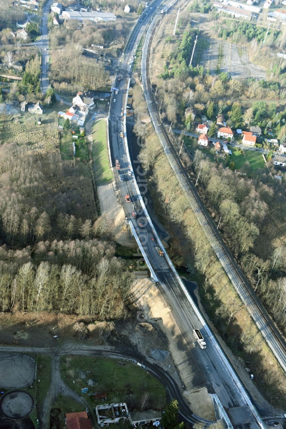 Aerial image Brieskow-Finkenheerd - Construction site for the new building der OU Ortsumfahrung der Bundesstrasse B112 in Brieskow-Finkenheerd in the state Brandenburg