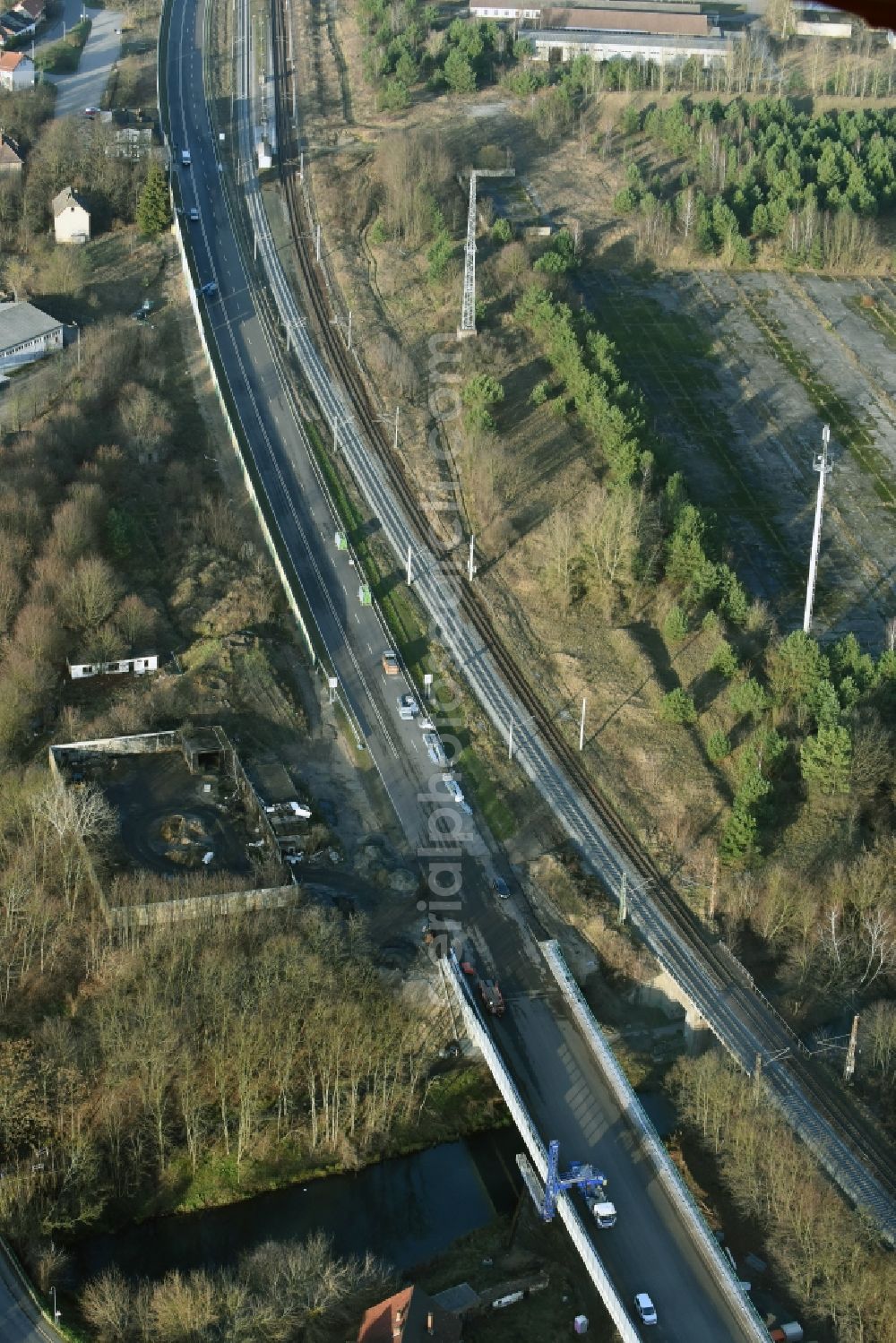 Brieskow-Finkenheerd from above - Construction site for the new building der OU Ortsumfahrung der Bundesstrasse B112 in Brieskow-Finkenheerd in the state Brandenburg