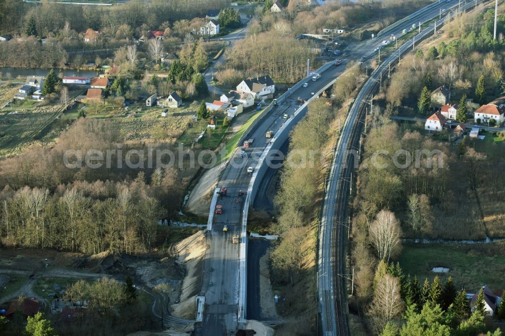 Aerial image Brieskow-Finkenheerd - Construction site for the new building der OU Ortsumfahrung der Bundesstrasse B112 in Brieskow-Finkenheerd in the state Brandenburg