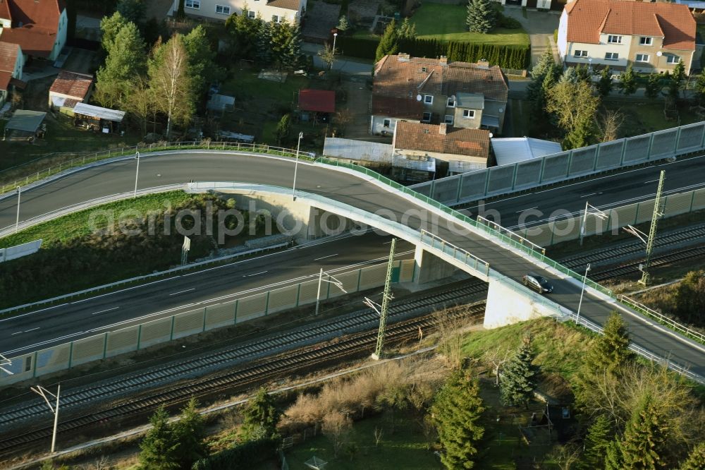 Brieskow-Finkenheerd from the bird's eye view: Construction site for the new building der OU Ortsumfahrung der Bundesstrasse B112 in Brieskow-Finkenheerd in the state Brandenburg