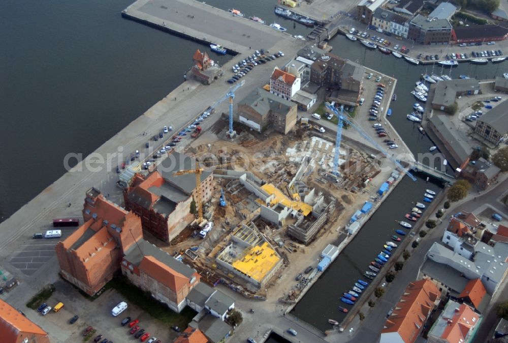 Stralsund from above - Harbor island by Ozeaneum Oceanographic Museum in Stralsund in Mecklenburg - Western Pomerania