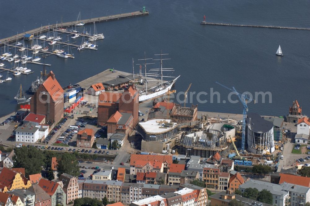 Stralsund from above - Harbor island by Ozeaneum Oceanographic Museum in Stralsund in Mecklenburg - Western Pomerania