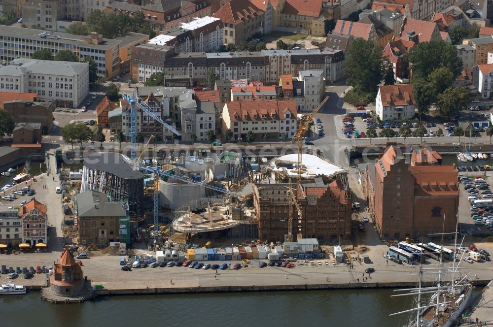 Stralsund from above - Harbor island by Ozeaneum Oceanographic Museum in Stralsund in Mecklenburg - Western Pomerania