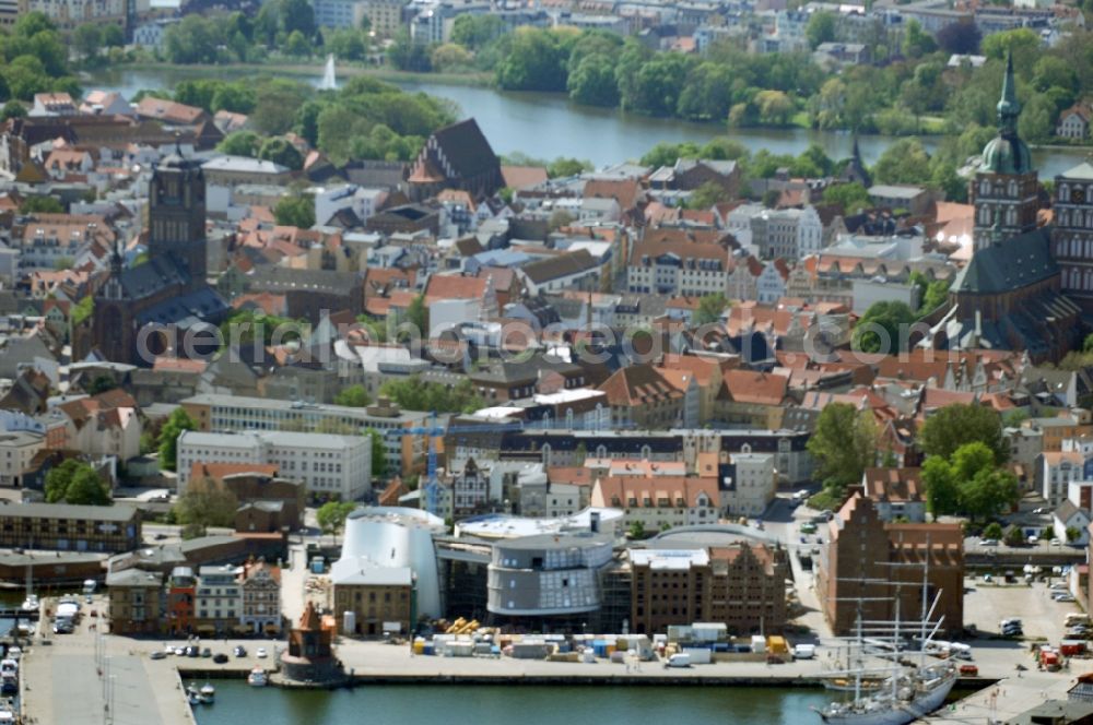 Stralsund from above - Harbor island by Ozeaneum Oceanographic Museum in Stralsund in Mecklenburg - Western Pomerania