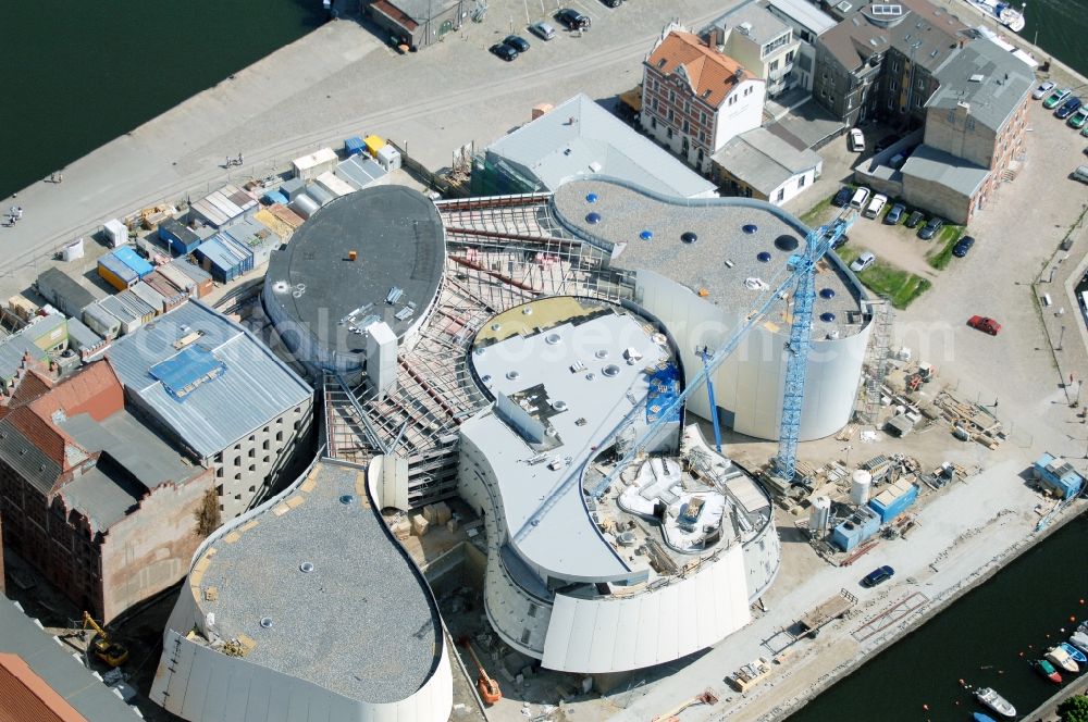 Stralsund from above - Harbor island by Ozeaneum Oceanographic Museum in Stralsund in Mecklenburg - Western Pomerania