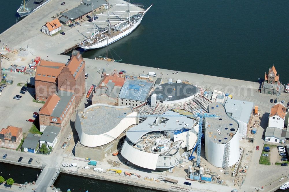 Stralsund from above - Harbor island by Ozeaneum Oceanographic Museum in Stralsund in Mecklenburg - Western Pomerania