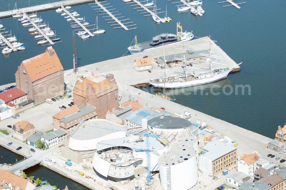 Stralsund from above - Harbor island by Ozeaneum Oceanographic Museum in Stralsund in Mecklenburg - Western Pomerania