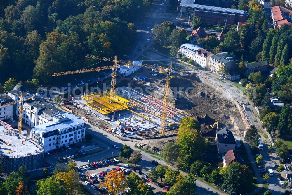 Bernau from above - Construction site for the new parking garage and Mehrzweckhalle on Ladeburger Chaussee - Jahnstrasse - Ladeburger Strasse in Bernau in the state Brandenburg, Germany