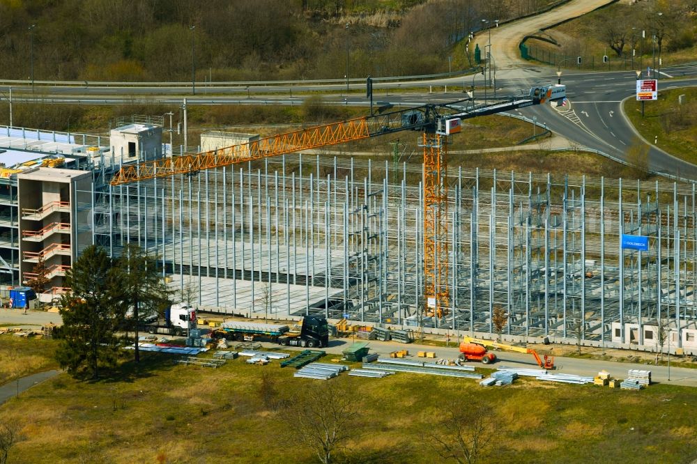 Aerial image Schönefeld - Construction site for the new construction of the parking garage Northgate and the street at the airport in Schoenefeld in the state Brandenburg, Germany