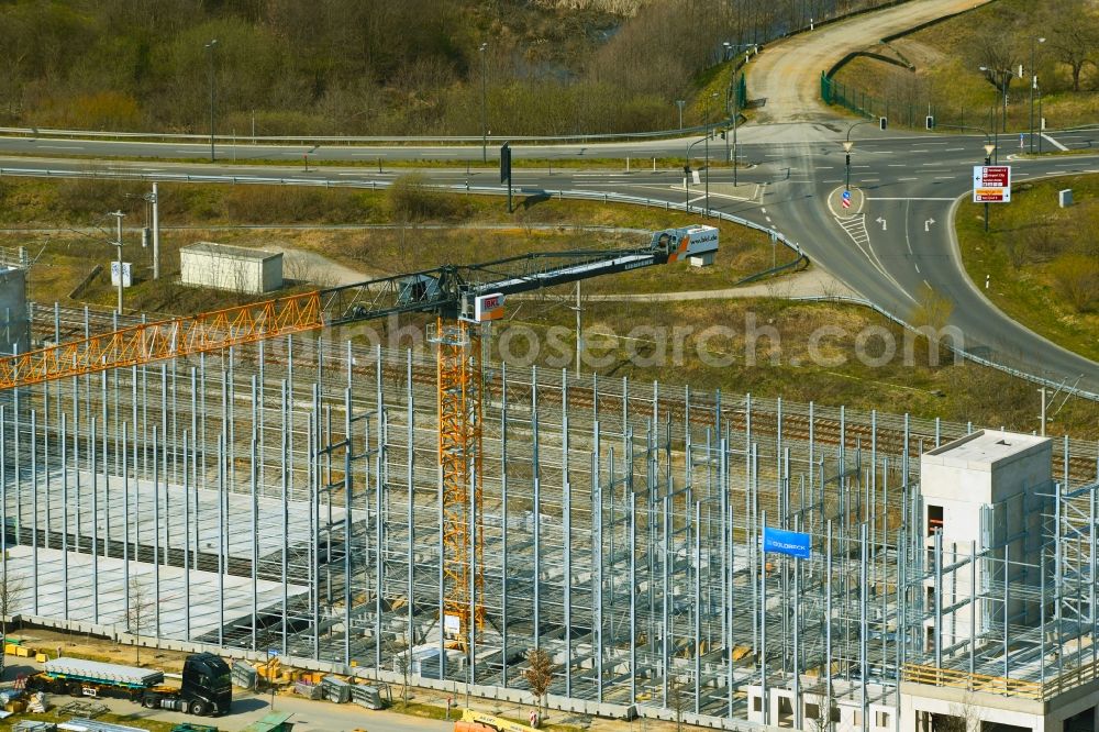 Aerial photograph Schönefeld - Construction site for the new construction of the parking garage Northgate and the street at the airport in Schoenefeld in the state Brandenburg, Germany