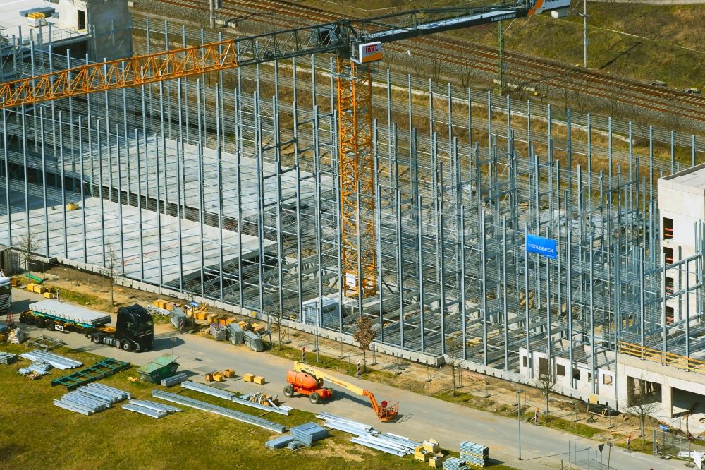 Schönefeld from above - Construction site for the new construction of the parking garage Northgate and the street at the airport in Schoenefeld in the state Brandenburg, Germany