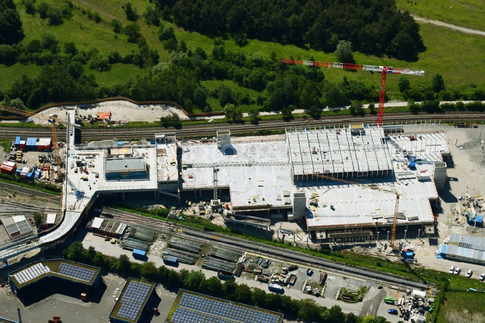 München from above - Construction site for the new parking garage on street Werner-Heisenberg-Allee in Munich in the state Bavaria, Germany