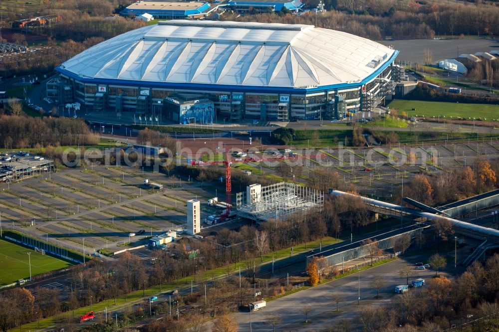 Gelsenkirchen from above - Construction site for the new building a parking garage in the parking lot of the Veltins Arena in Gelsenkirchen in the state North Rhine-Westphalia