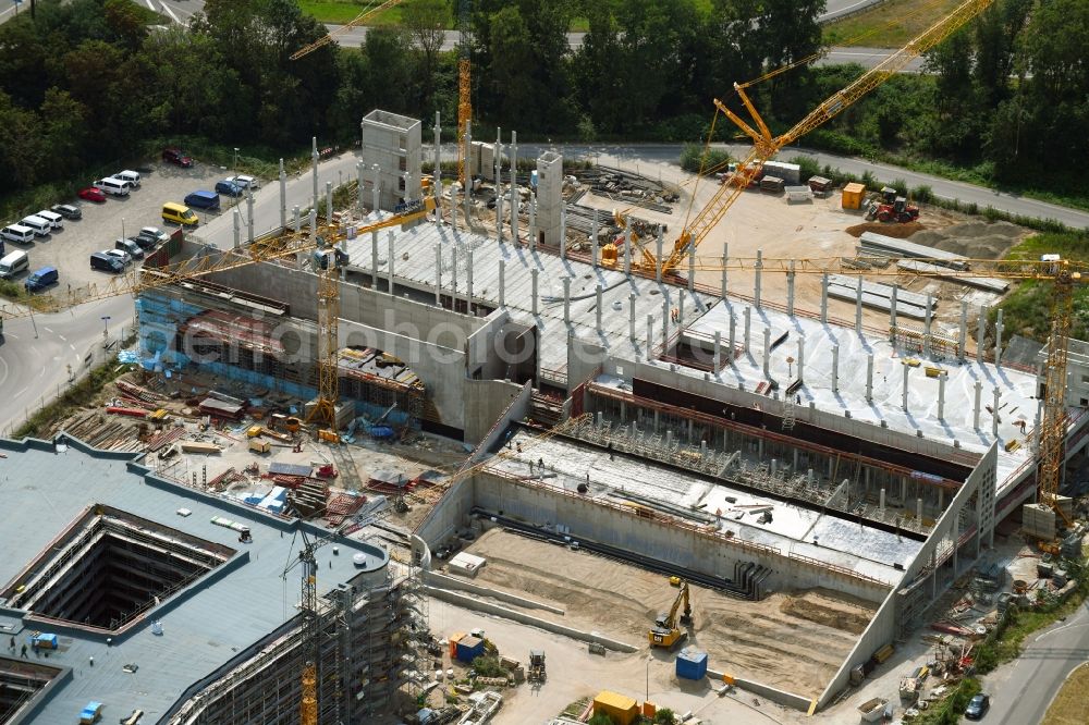 Karlsruhe from the bird's eye view: Construction site for the new parking garage on Alte Karlsruher Strasse in the district Durlach in Karlsruhe in the state Baden-Wurttemberg, Germany