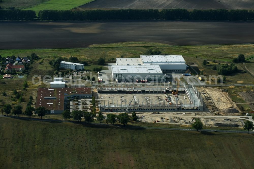 Aerial image Trebbin - Construction site for the new building of Poco - Domaene- Zentrallager in Trebbin in the state Brandenburg