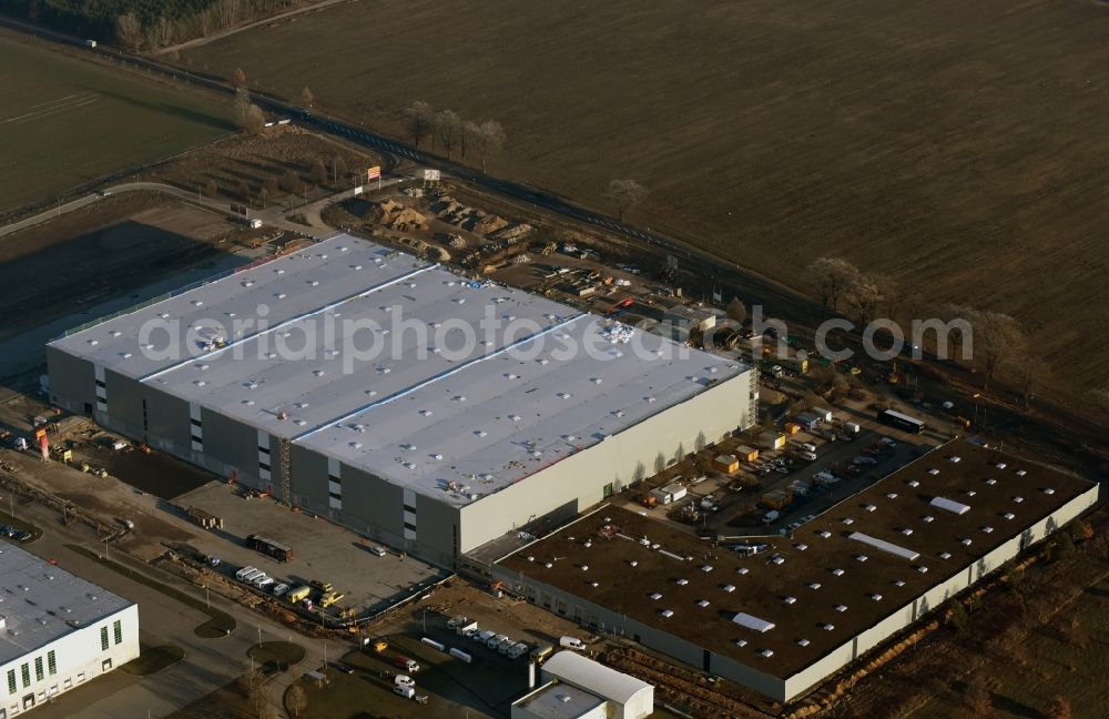 Trebbin from above - Construction site for the new building of Poco - Domaene- Zentrallager in Trebbin in the state Brandenburg