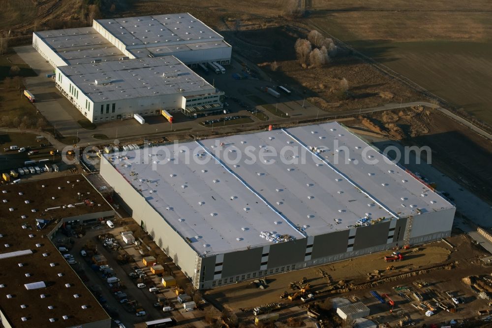 Aerial image Trebbin - Construction site for the new building of Poco - Domaene- Zentrallager in Trebbin in the state Brandenburg