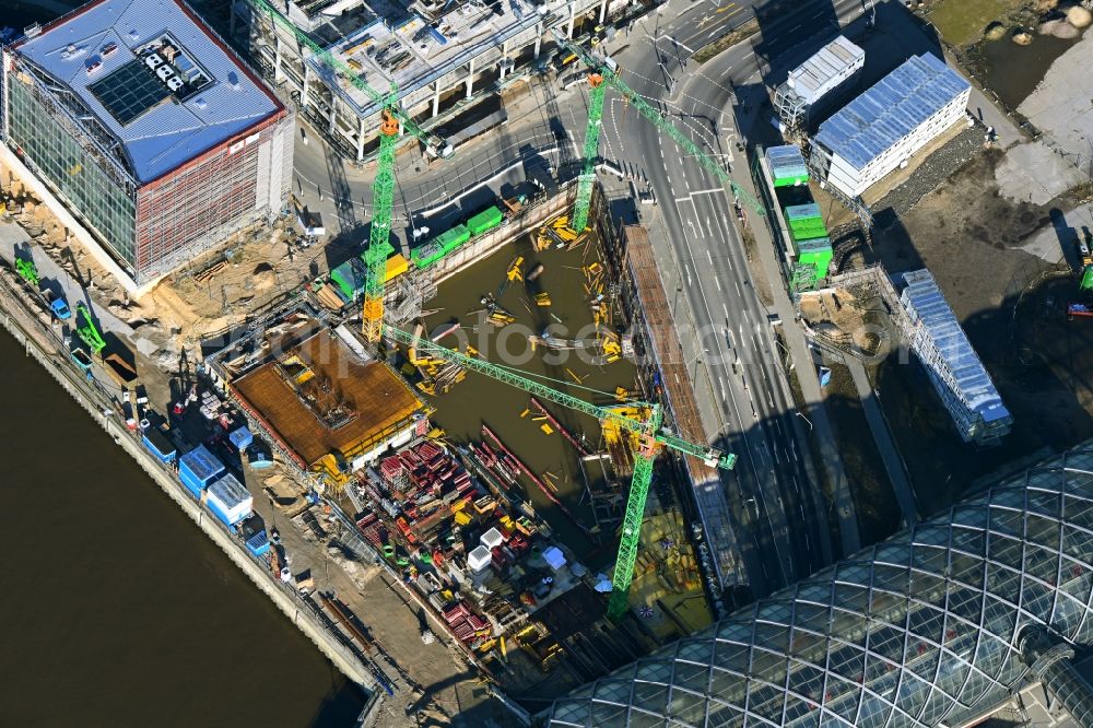 Hamburg from above - Construction site for the new building of an Office building - Ensemble on Zweibrueckenstrasse - Kirchenpauerkai in the district HafenCity in Hamburg, Germany