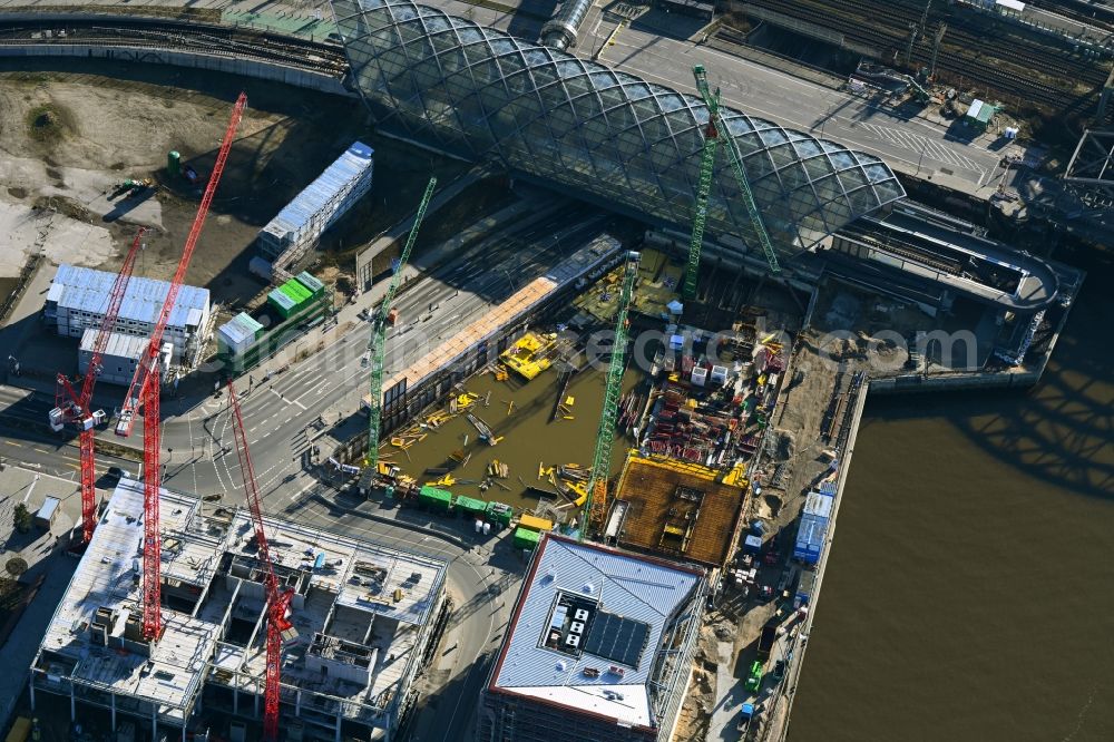 Aerial photograph Hamburg - Construction site for the new building of an Office building - Ensemble on Zweibrueckenstrasse - Kirchenpauerkai in the district HafenCity in Hamburg, Germany