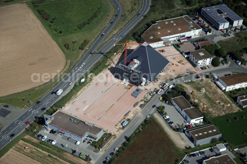 Mainz - Hechtsheim from the bird's eye view: Construction site for the new building of the pyramid in the industrial area Hechtsheim in Mainz in Rhineland-Palatinate